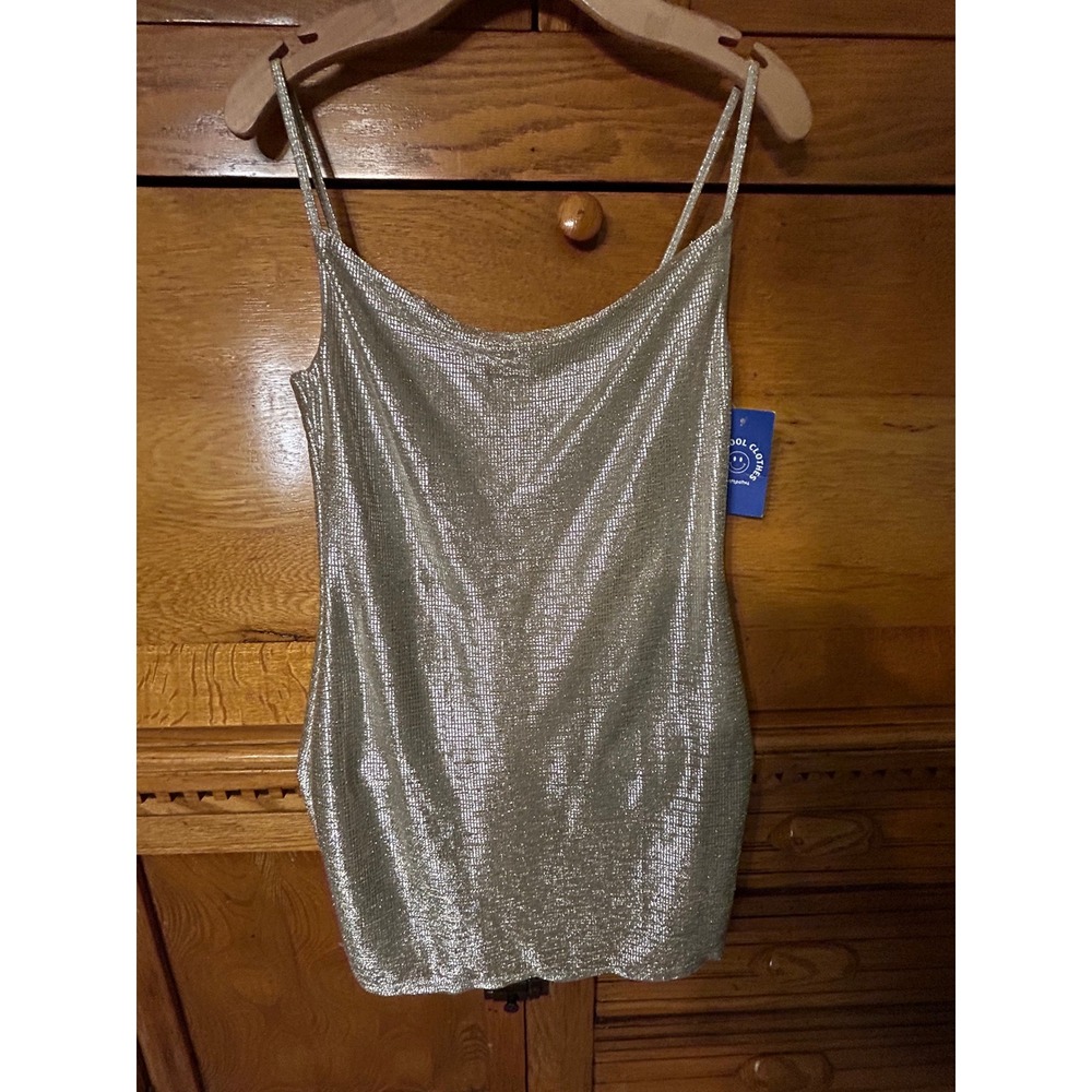 Y2K Rave Metallic Silver Cowl Neck Mini Dress Open Back Tie Sparkly Size 2